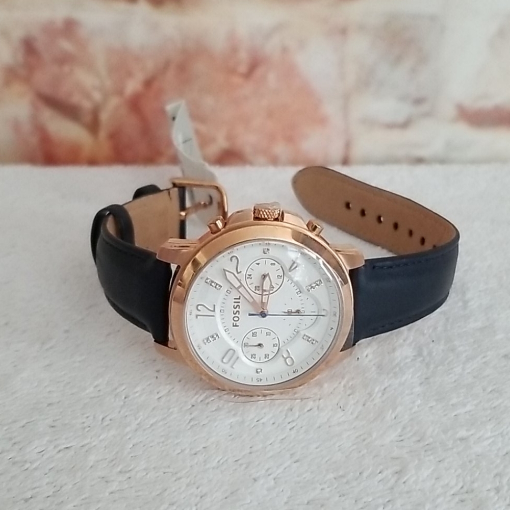 New Fossil Gwynn Chronograph Indigo Leather Watch Watch - Picture 3 of 11
